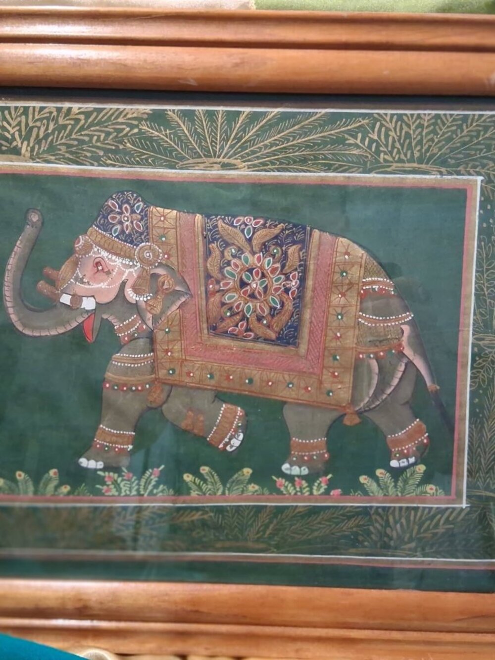 Vintage Framed Indian Miniature Painting Hand Painted Elephant Gold Accents 11.5